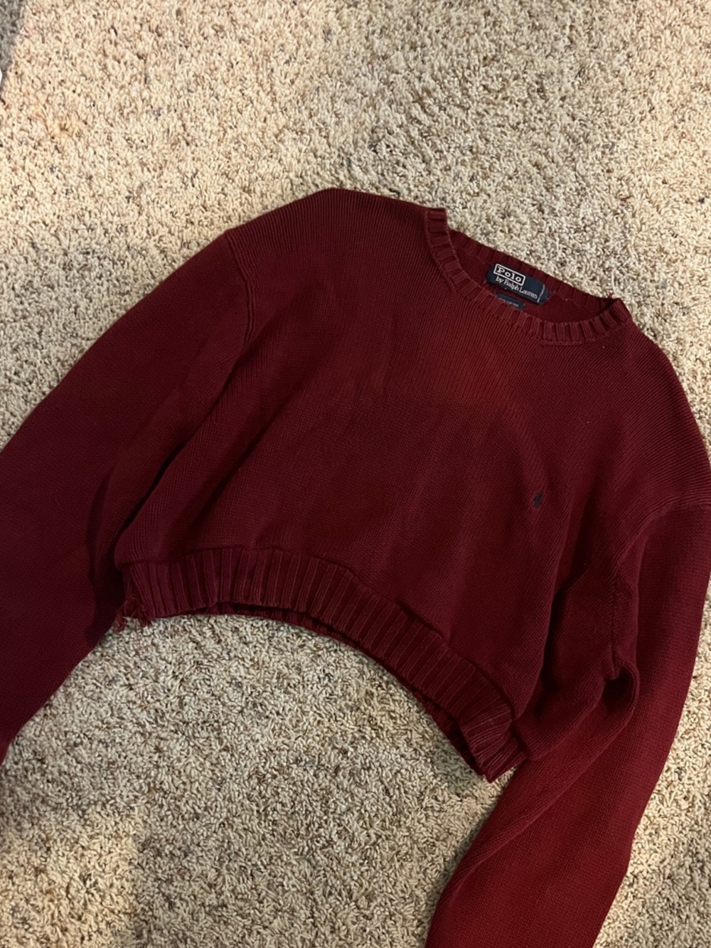Vintage Polo by Ralph Lauren Women's Cropped Crewneck Sweater in Burgundy